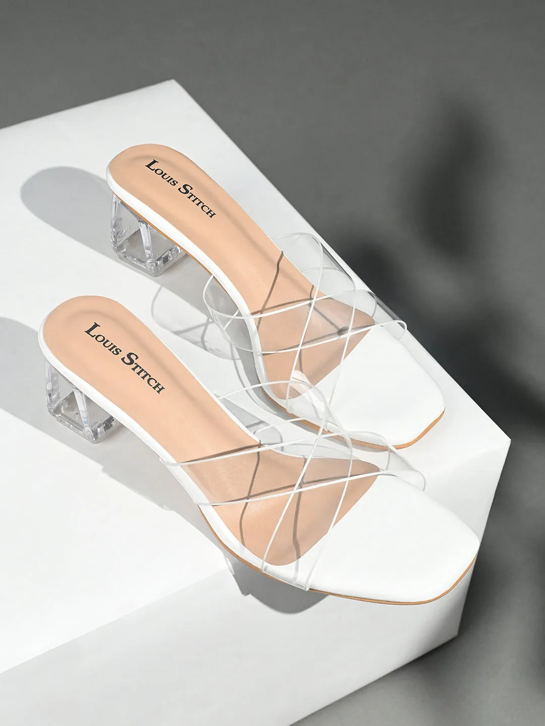 Women's White Transparent Cross Strap Block Heel Lightweight Sandals